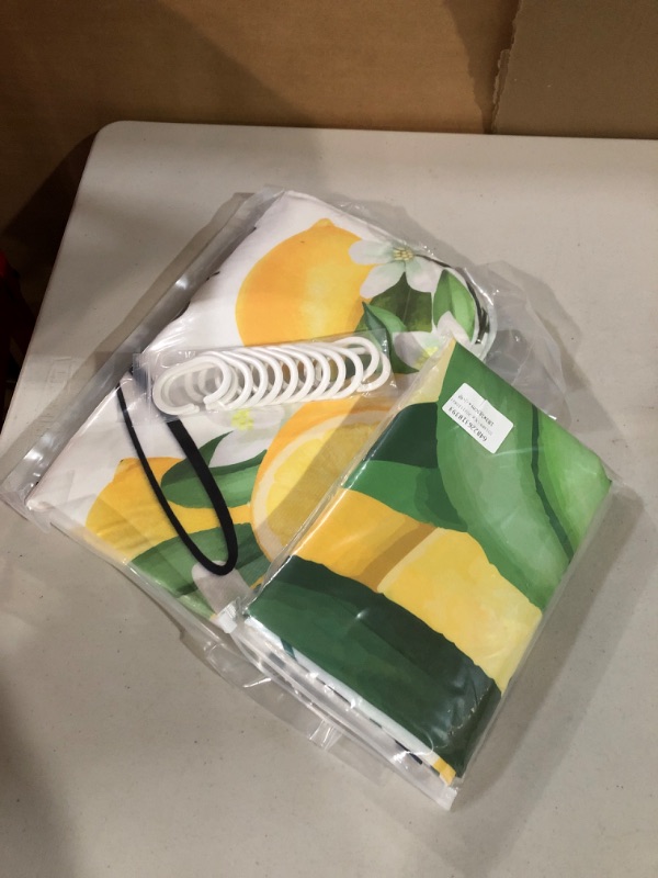 Photo 1 of 4Pcs Shower Curtain Set with Rugs, Toilet Lid Cover Bath Mat, Fresh Lemon and Green Leaves Fruit Bathroom Decor Set with 12 Hooks, Durable Waterproof Fabric for Bathroom Small:72'x72'+18'x30'+14'x18'+15'x18' Yellow White