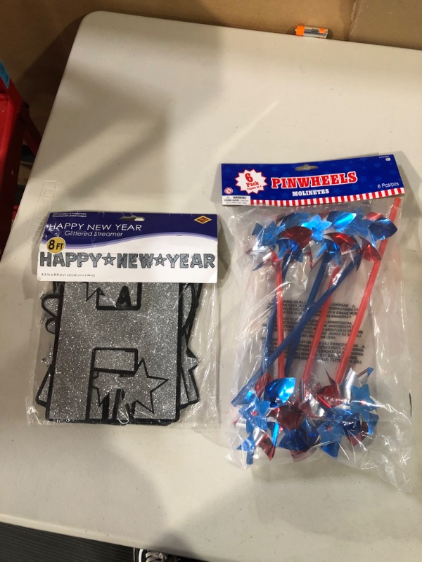 Photo 3 of Amscan Patriotic Pinwheel, 12 3/4", Multi Color+ HAPPY NEW YEAR GLITTERED STREAMER