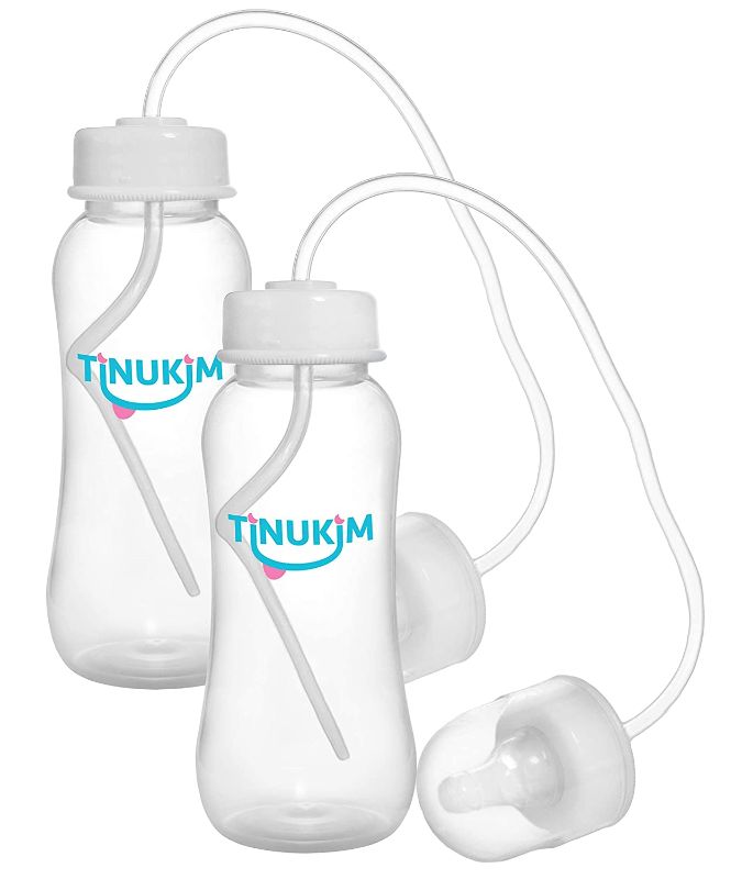 Photo 2 of Tinukim iFeed 9 Ounce Self Feeding Baby Bottle with Tube - Handless Anti-Colic Nursing System, White - 2-Pack
