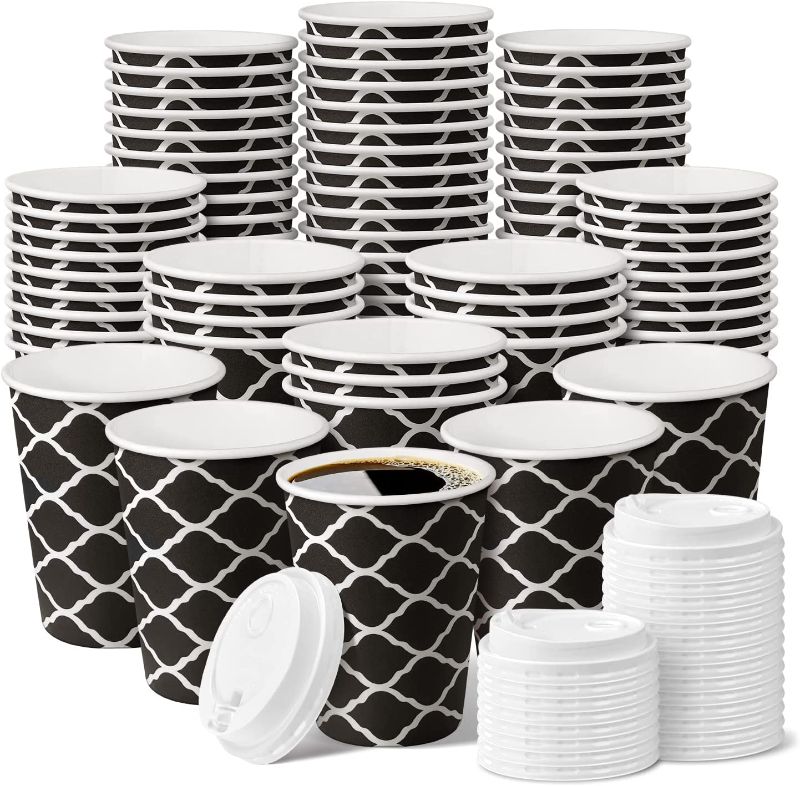 Photo 3 of 80 Pack 12 oz Disposable Hot Cups with Lids, Hot Paper Coffee Cup with Lids for Hot Beverage Drinks To Go Tea Coffee Home Office Car Coffee Shop Party (Black Pattern)