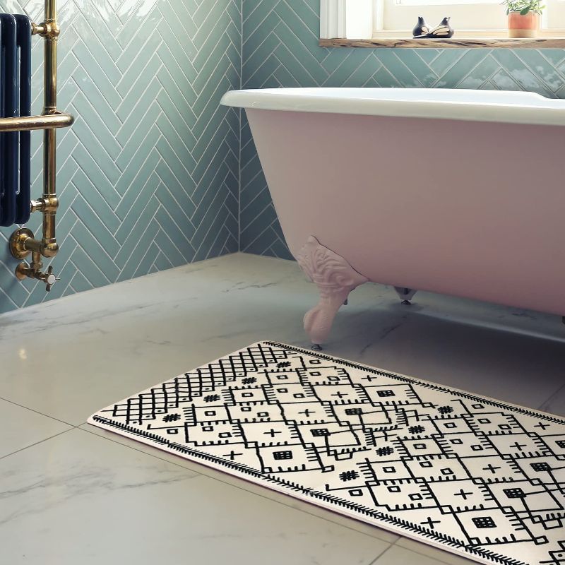 Photo 1 of Bathroom Rugs Boho Bath Mat Super Soft Non-Slip Bath Rugs Runner Cozy Velvet Floor Mat Black Geometric 17x47
