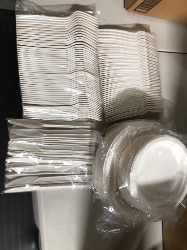 Photo 2 of Compostable Paper Plates Set 250PCS - Disposable Biodegradable 250 Heavy Duty Large 9 Inch Plate, Sturdy 7 Inch Dessert Plates, 7 Inch Cutlery 