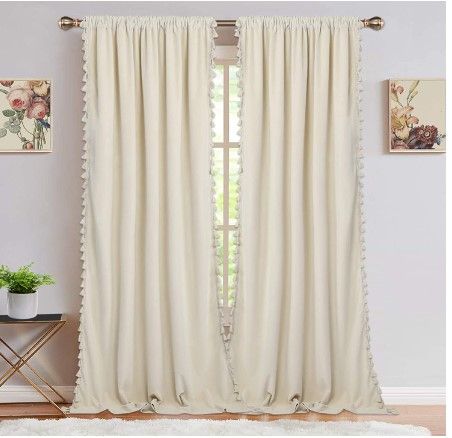 Photo 1 of Cream Velvet Curtains for Living Room Decorative Boho Tassels Light Reducing Rod Pocket Window Treatment Curtains for Bedroom, 2 Panels