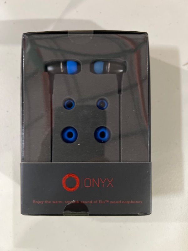 Photo 2 of Onyx Genuine Wood Wired in-Ear Headphones with Sound Isolation and Built-in Microphone (Ebony Wood - Blue)