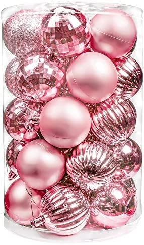 Photo 1 of Brizled Pink Christmas Balls, 34pcs 2.36" Christmas Tree Ornaments, Plastic Christmas Balls Decorative Christmas Bauble Ornaments Hanging Ball Ornaments for Christmas Tree Wreath Garland Party Decor