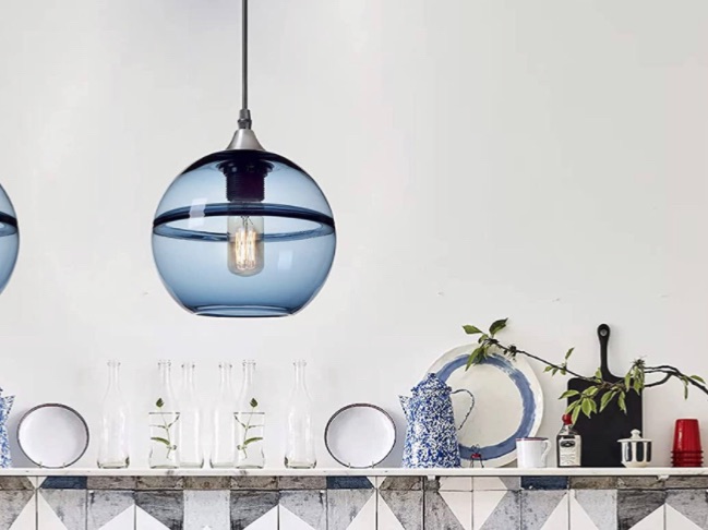 Photo 1 of CASAMOTION Pendant Lighting Hand Blown Glass Modern Blue Light Fixture for Kitchen Island Dining Room Table Brushed Nickel Globe 7.4 inch Diam 