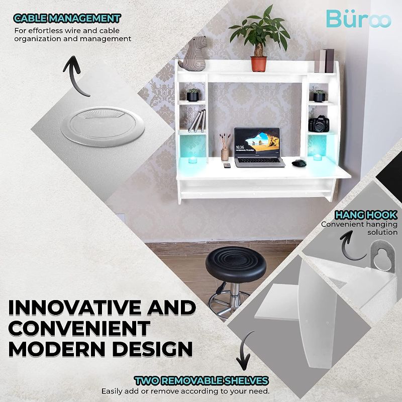 Photo 1 of Büroo Floating Desk - Beautiful Wall Desk for Small Spaces - Modern Wall Mounted Desk with 2 LED Lights - Sleek Wall Table with Shelves - Wall Mount Desk - Adjustable Height (Medium White)
