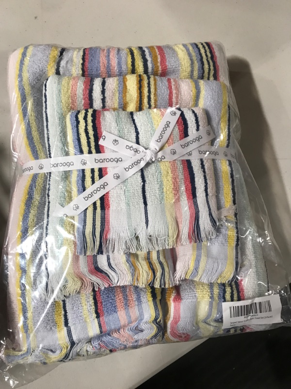 Photo 2 of Bath Towel Set, 1 Bath Towel, 1 Hand Towel, and 1 Face Towel (Fingertip Towel), Colored Striped Design, 490 GSM Ring Spun Cotton, Highly Absorbent (3-Pieces)