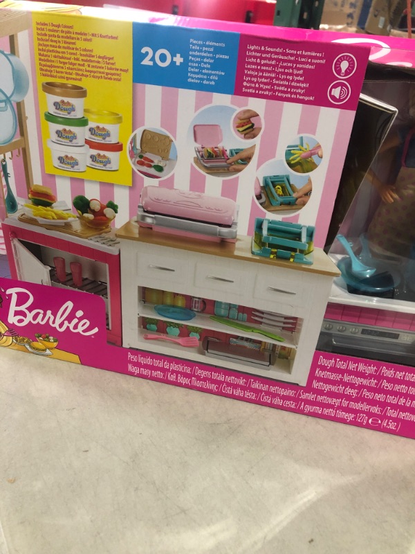 Photo 2 of Barbie Kitchen Playset with Doll, Lights & Sounds, Food Molds, 5 Dough Colors and 20+ Accessories Frustration Free