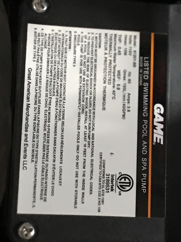 Photo 3 of **SEE CLERK NOTES**
GAME 61201-BB Series, Complete 0.5HP Replacement Unit, Designed for Intex & Bestway New and Improved SandPRO 50D Sand & 4560 40mm to 1 1/2 Inch Conversion Kit (for Intex & Bestway Pools) 61201-BB Series + Conversion Kit