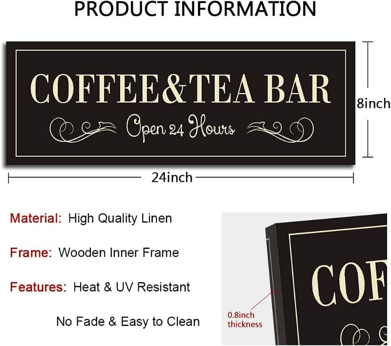 Photo 2 of (The frame is slightly warped ) Coffee and Tea Bar Wall Art Sign Decor Retro Canvas Print Poster Decorative Sign Open 24 Hours Coffee Bar Accessories Hanging Sign for Cafe Kitchen Coffee Corner Decor Framed 8x24 Inches