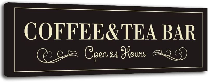 Photo 1 of (The frame is slightly warped ) Coffee and Tea Bar Wall Art Sign Decor Retro Canvas Print Poster Decorative Sign Open 24 Hours Coffee Bar Accessories Hanging Sign for Cafe Kitchen Coffee Corner Decor Framed 8x24 Inches