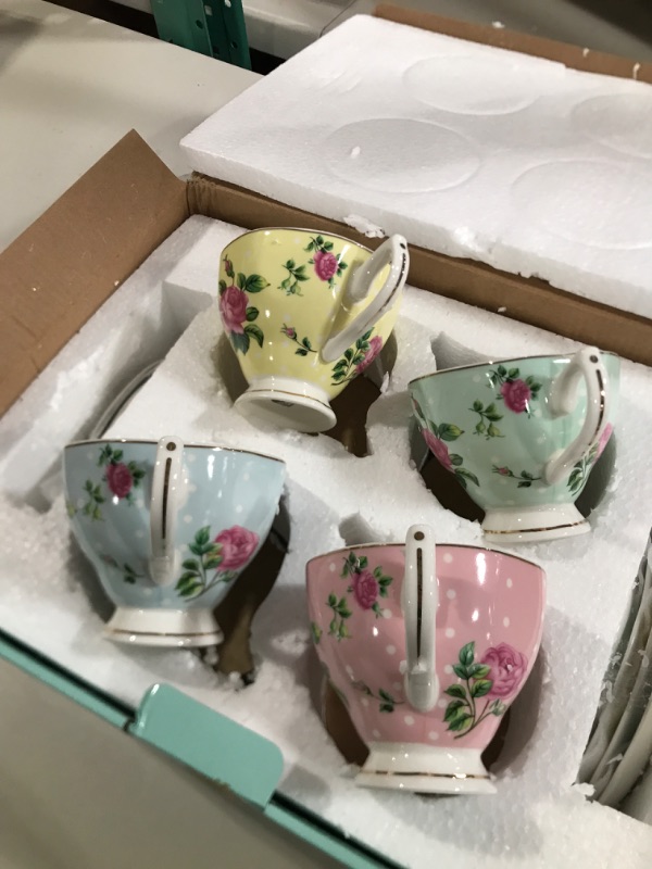 Photo 3 of BTaT- Floral Tea Cups and Saucers, Set of 8 (8 oz) Multi-Color with Gold Trim and Gift Box, Coffee Cups, Floral Tea Cup Set, British Tea Cups, Porcelain Tea Set, Latte Cups