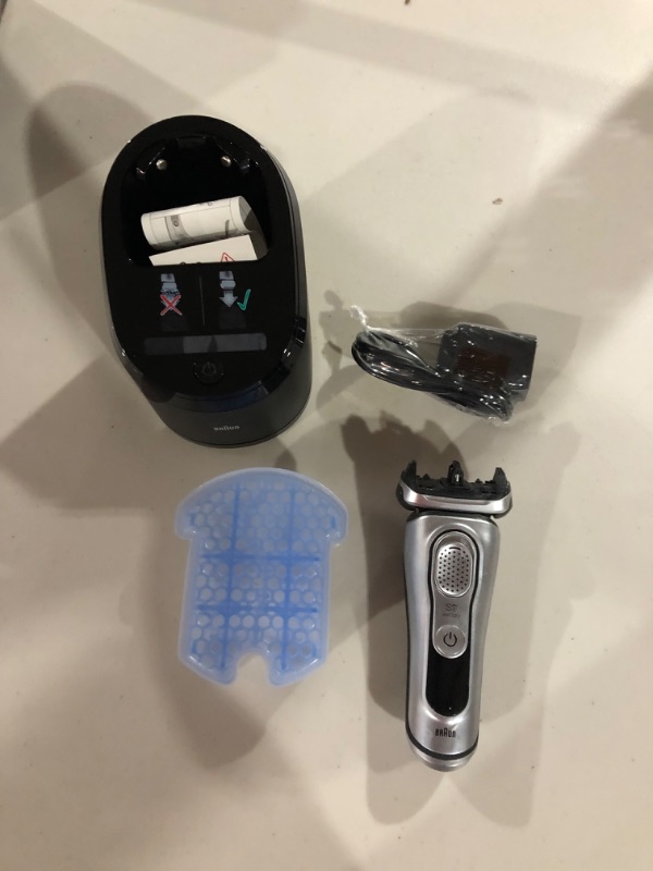 Photo 2 of [PARTS] Braun Electric Razor for Men, Waterproof Foil Shaver, Series 9 9390cc, Wet & Dry Shave, With Pop-Up Beard Trimmer for Grooming, Cleaning & Charging SmartCare Center and Leather Travel Case, Silver