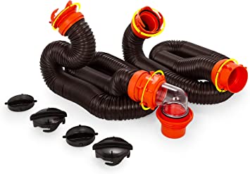 Photo 1 of Camco 20' (39742) RhinoFLEX 20-Foot RV Sewer Hose Kit, Swivel Transparent Elbow with 4-in-1 Dump Station Fitting-Storage Caps Included , Black , Brown