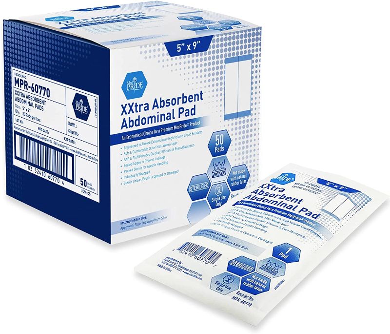 Photo 1 of 
MED PRIDE Sterile XXtra Absorbent Abdominal Pads [50-Pack] - 5”x9” ABD Combine Pads Individually Wrapped- Ultra-Absorbent Latex-Free & Non-Adherent.