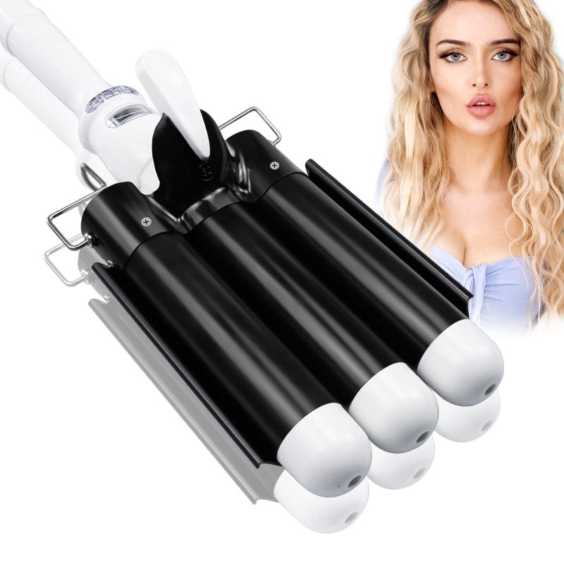 Photo 1 of 3 Barrel Curling Iron Hair Crimper - 25mm Crimper Hair Iron, 1 inch Hair Waver Curling Iron, Ceramic Triple Barrels with LCD Temp Display, Dual Voltage, Beach Waves Curling Iron for Women - Black