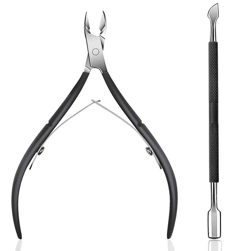 Photo 2 of Cuticle Trimmer with Cuticle Pusher - Ejiubas Cuticle Remover Cuticle Nipper Professional Stainless Steel Cuticle Cutter Clipper Durable Pedicure Manicure Tools for Fingernails and Toenails Black