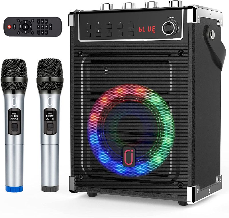 Photo 1 of JYX Karaoke Machine with 2 UHF Wireless Microphones, Bluetooth Speaker with Bass/Treble Adjustment and LED Light, PA System Support TWS, AUX In, FM, REC, Supply for Party/Adults/Kids - Black
