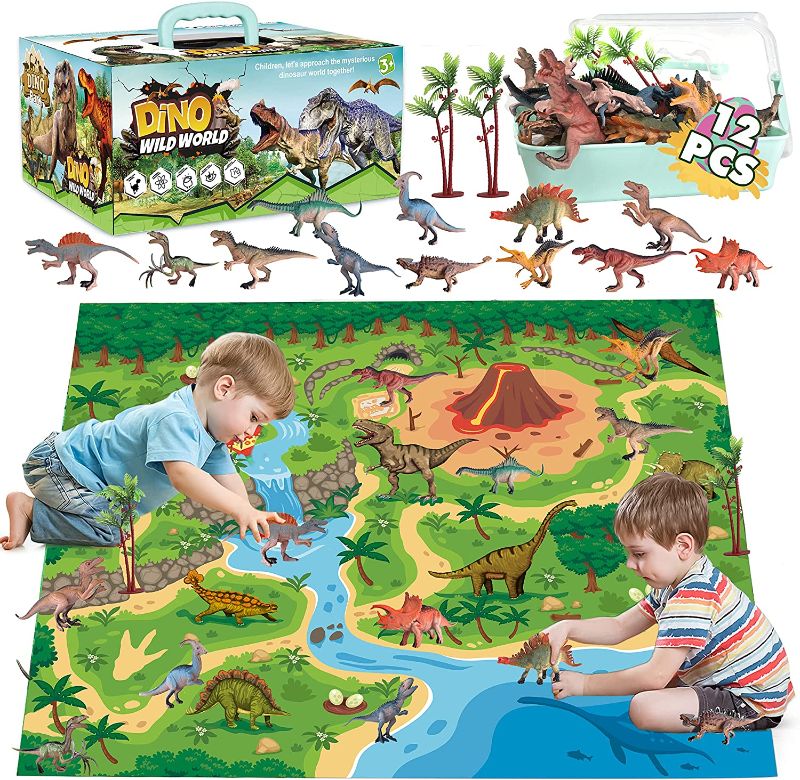 Photo 1 of [2022 New] Dinosaur Toys with 12 Realistic Dinosaur Figures, with Activity Play Mat & 2 Trees, for Create a Dino World Including T-Rex, Triceratops, for 3-8 Years Old Kids, Boys & Girls
