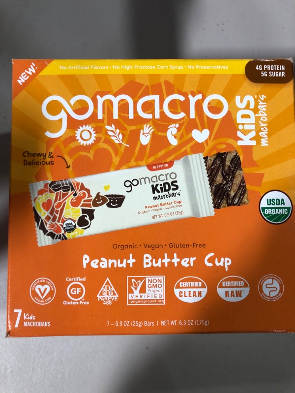 Photo 2 of (x3 packs) (best by 30 Nov. 2022)
GoMacro Kids MacroBar, Peanut Butter Cup, Organic Vegan Snack Bars, 7 ct