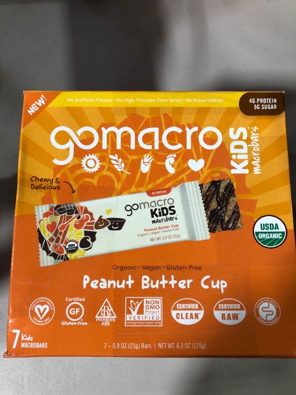 Photo 4 of (x4 boxes) (best by 30 Nov. 2022)
GoMacro Kids MacroBar, Peanut Butter Cup, Organic Vegan Snack Bars, 7 ct