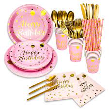 Photo 1 of 200 Pieces Gold Disposable Party Dinnerware Set &Golden Dot Disposable Birthday Party Dinnerware - Black Paper Plates Napkins Cups, Gold Plastic Forks Knives Spoons (25 Guests,200 Pieces)