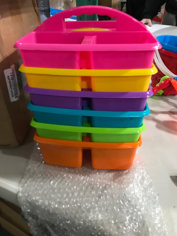 Photo 2 of Assorted Bright Colors Portable Plastic Storage Caddy 6-Pack for Classrooms, Kids Room, and Office Organization, (Lime, Orange, Pink, Purple, Teal, and Yellow) 3 Compartment