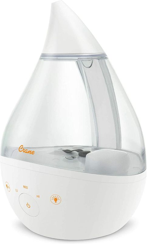 Photo 1 of Crane 4-in-1 Drop Ultrasonic Cool Mist Humidifier, 1 Gallon, Top Fill Humidifier, 24 Hour Run Time, with Optional Sound Machine and Color Changing Nightlight, Clear/White