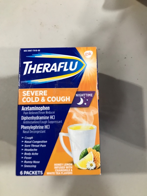 Photo 2 of Theraflu, Night Time Severe Cold and Cough Packets, 6 Count Honey Lemon Infused w/ Chamomile & White Tea 6 Count (Pack of 2)