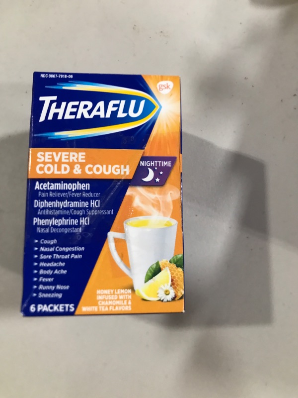 Photo 2 of Theraflu, Night Time Severe Cold and Cough Packets, 6 Count Honey Lemon Infused w/ Chamomile & White Tea 6 Count (Pack of 2)