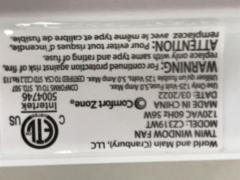 Photo 5 of Comfort Zone CZ319WT 9" Twin Window Fan with Reversible Airflow Control, Auto-Locking Expanders and 2-Speed Fan Switch, White 9" Portable Twin Window Fan Window Fan