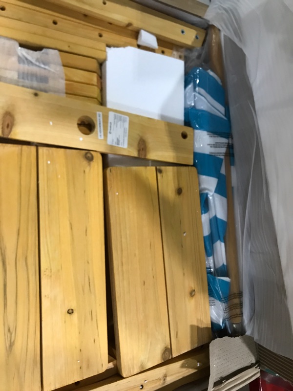 Photo 3 of KidKraft Outdoor Wooden Table & Bench Set with Striped Umbrella, Children's Backyard Furniture, Turquoise and White, Gift for Ages 3-8, Amazon Exclusive