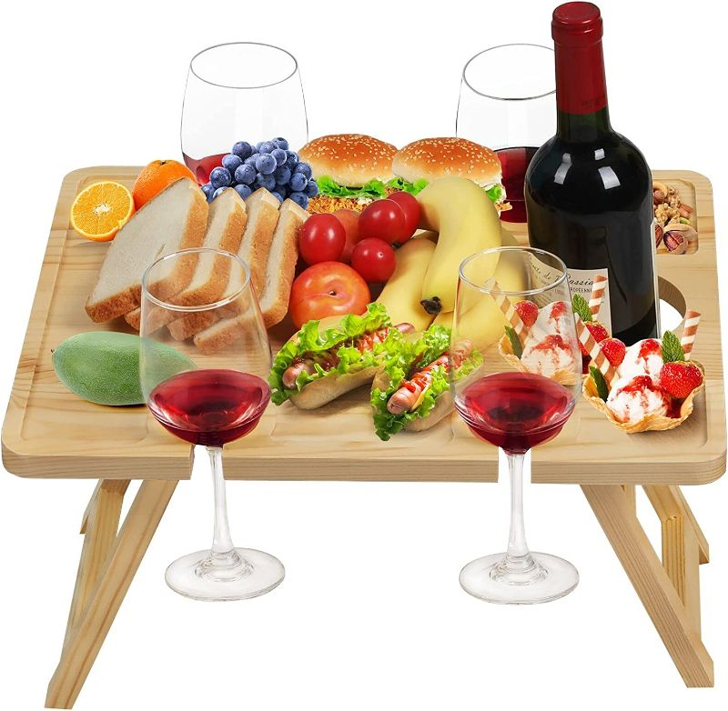 Photo 1 of CekPo Outdoor Wine Picnic Table, Folding Portable Wood Snack Cheese Tray with 4 Wine Glasses Holders, Champagne Bottle Hole, Small Foldable Table for Concerts at Park, Beach, Ideal Wine Lover Gift