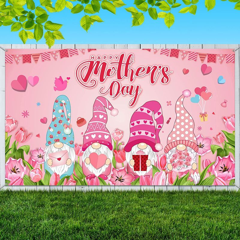 Photo 1 of Happy Mother's Day Banner Backdrop 73 x 43 Inches Mother's Day Decorations Gnomes Tulip Heart Photographic Studio Photo Backgrounds Pink Flower Background Gnome Photography Background for Party