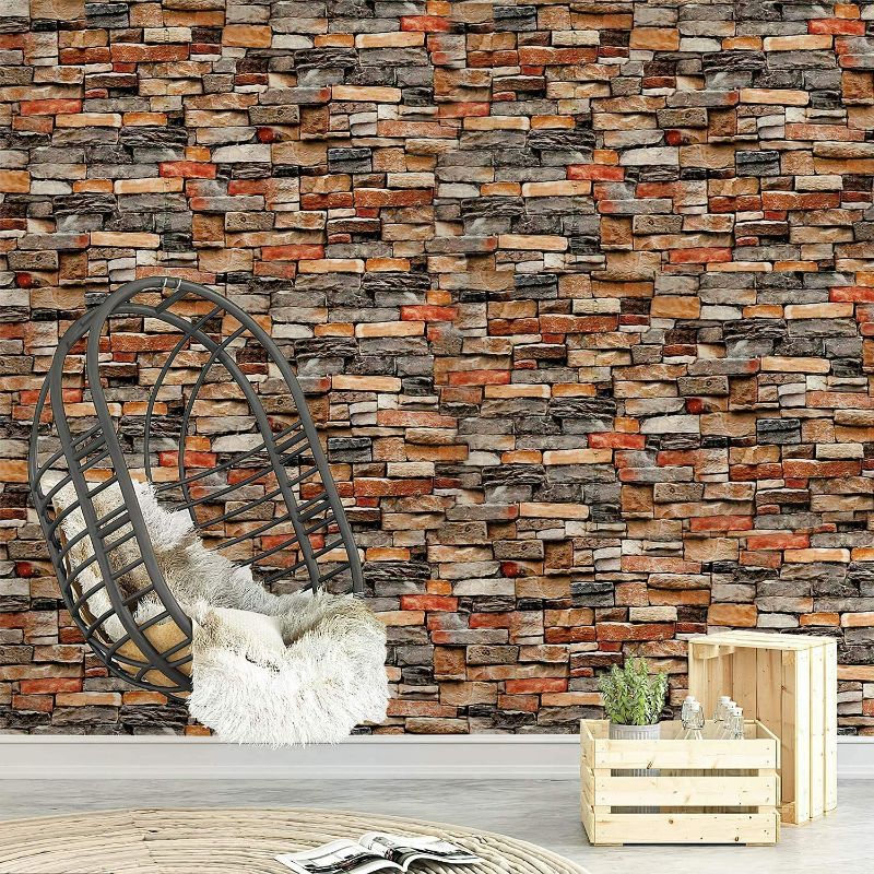 Photo 2 of ConCus-T 17.72"x 393" Mixed Stone Brick Wallpaper Peel and Stick Wallpaper Self-Adhesive Removable Vinyl Wall Covering Living Room Bedroom Coffee House Fireplace Cabinet