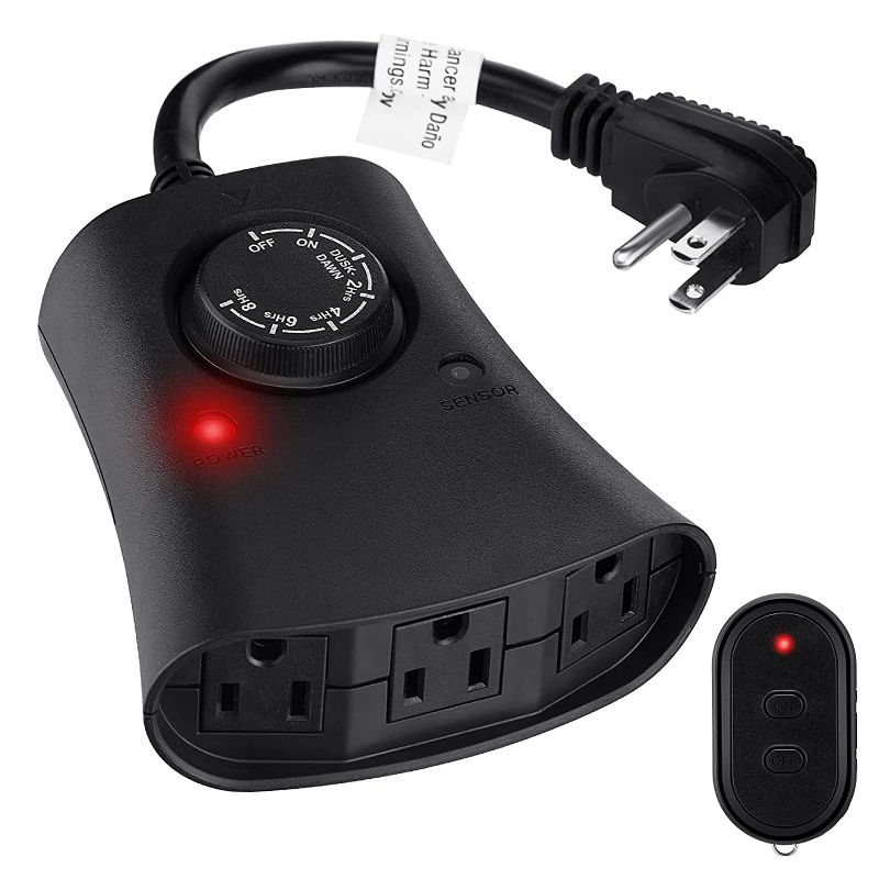 Photo 1 of Lights Plug Timer Outdoor, Dusk to Dawn Electrical Timer Switch with Remote, Waterproof 3 Grounded Electrical Outlets for Halloween Christmas Holiday Lights Patio Yard Garden, UL Listed, 15A 1/2HP