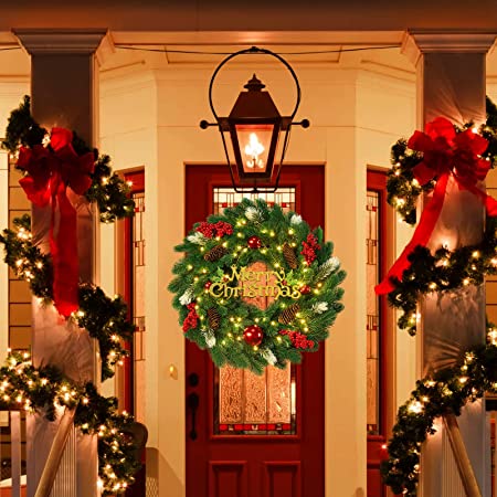 Photo 2 of 18 Inches Pre-Lit Artificial Christmas Wreath, Lighted Christmas Wreath for Front Door with Battery Operated 40 LED Lights, Decorated with Pine Cones, Berry Clusters, Xmas Collection