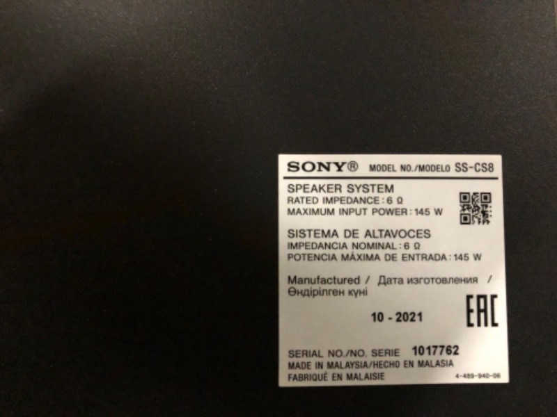 Photo 1 of Sony SSCS8 2-Way 3-Driver Center Channel Speaker - Black, 4 Bookshelf Speaker System