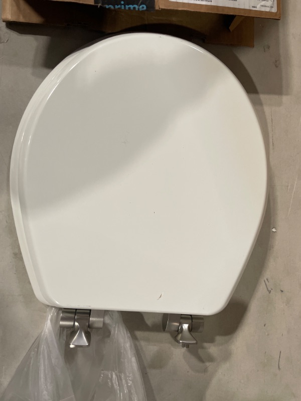 Photo 2 of Benton Soft Close Round Enameled Wood Toilet Seat Never Loosens Brushed Nickel Hinge White - Mayfair by Bemis