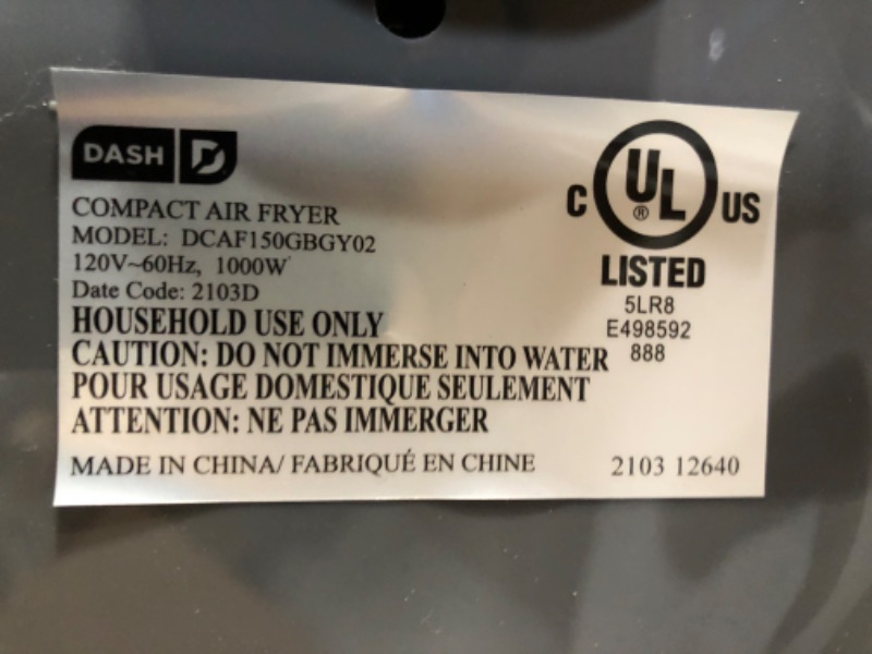 Photo 3 of ***see notes***DASH Compact Air Fryer Oven Cooker with Temperature Control, Non-stick Fry Basket, Recipe Guide + Auto Shut off Feature, 2 Quart - Grey Grey Air Fryer