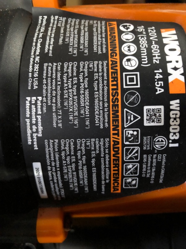 Photo 2 of **PARTS ONLY** WORX WG303.1 14.5 Amp 16" Electric Chainsaw 16" 14.5Amp Electric Chainsaw