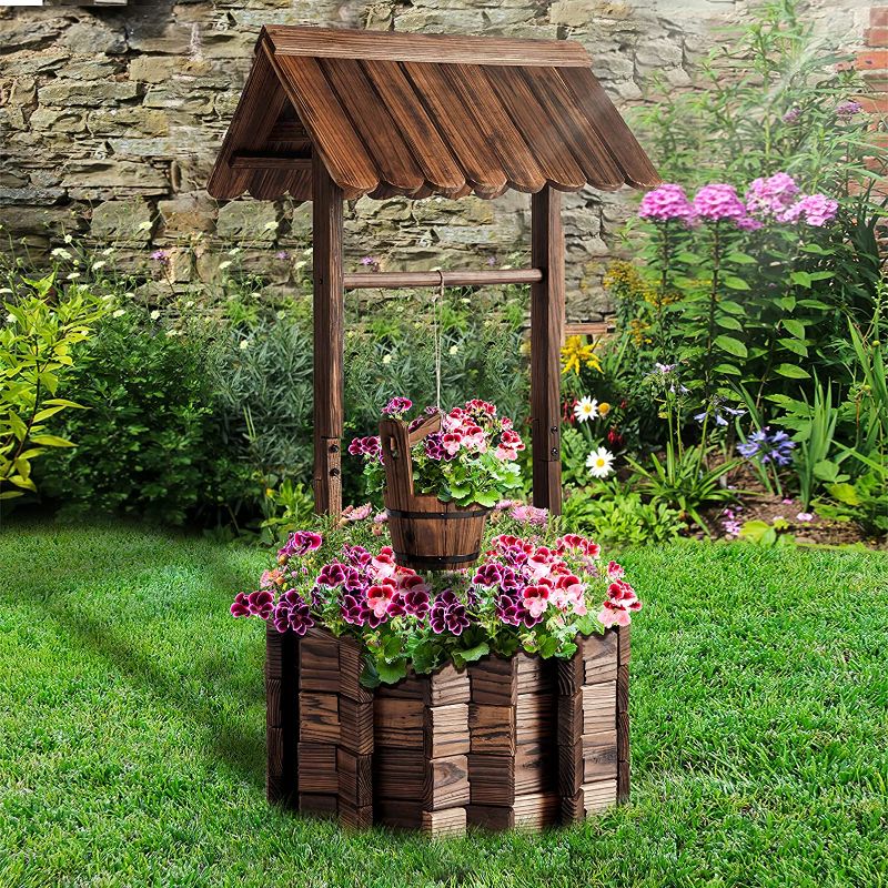 Photo 1 of Aoxun Wooden Wishing Well Planter with Hanging Bucket for Flower and Plants Indoor and Outdoor, Brown