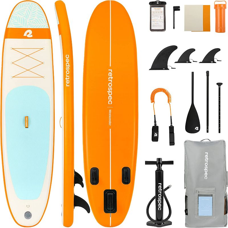 Photo 1 of ***USED*** Retrospec Weekender 10' Inflatable Stand Up Paddleboard ISUP Bundle with Carrying Case, 3 Piece Adjustable Aluminum Paddle, 3 Removable Fins, Pump, and Cell Phone Case