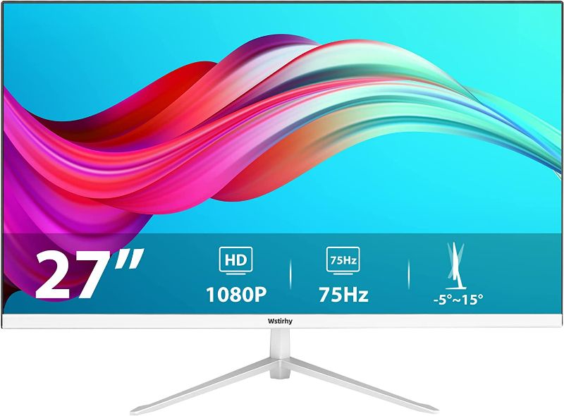 Photo 1 of Wstirhy 27 inch PC Monitor, LED Gaming Monitor with Full HD (1920 x 1080) 75Hz 5MS 75% sRGB IPS Panel, Zero Frame Monitor Desk Monitor with HDMI & VGA Port, for Laptop Computer, White
