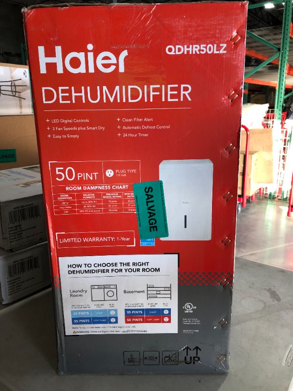 Photo 3 of Haier 50 Pint Portable Dehumidifier, Perfect for Bedroom, Basement & Garage, Ideal for High Humidity or Wet Areas, Empty Bucket Alarm, Clean Filter Alert & LED Digital Controls, Energy Star, White