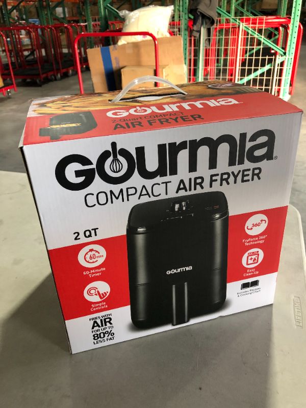 Photo 1 of Gourmia Compact Air Fryer
2-QT. air fryer powered by FryForce 360°- Technology
Fry crispy, delightful food using little or no oil
Features a 60-minute timer which shuts off automatically
Includes dishwasher-safe nonstick basket and crisper tray
A smooth a