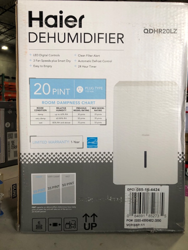 Photo 2 of ***Factory sealed*** Haier 20 Pint Portable Dehumidifier, Perfect for Bedroom, Basement & Garage, Ideal for High Humidity or Damp Areas, Empty Bucket Alarm, Clean Filter Alert & LED Digital Controls, Energy Star, White