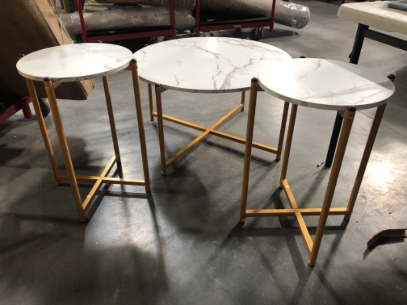 Photo 2 of *SEE NOTE* DKLGG Coffee Table Set of 3, Modern Round Coffee Table & 2pcs End Table Faux Marble Tabletop with Gold Cross Base Frame, Modern Living Room Table Sets for Apartment, Small Space (Gold) White Round