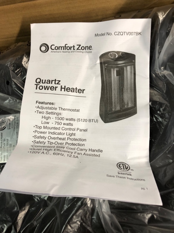 Photo 2 of [USED] Comfort Zone 1,500-Watt Electric Tower Heater 